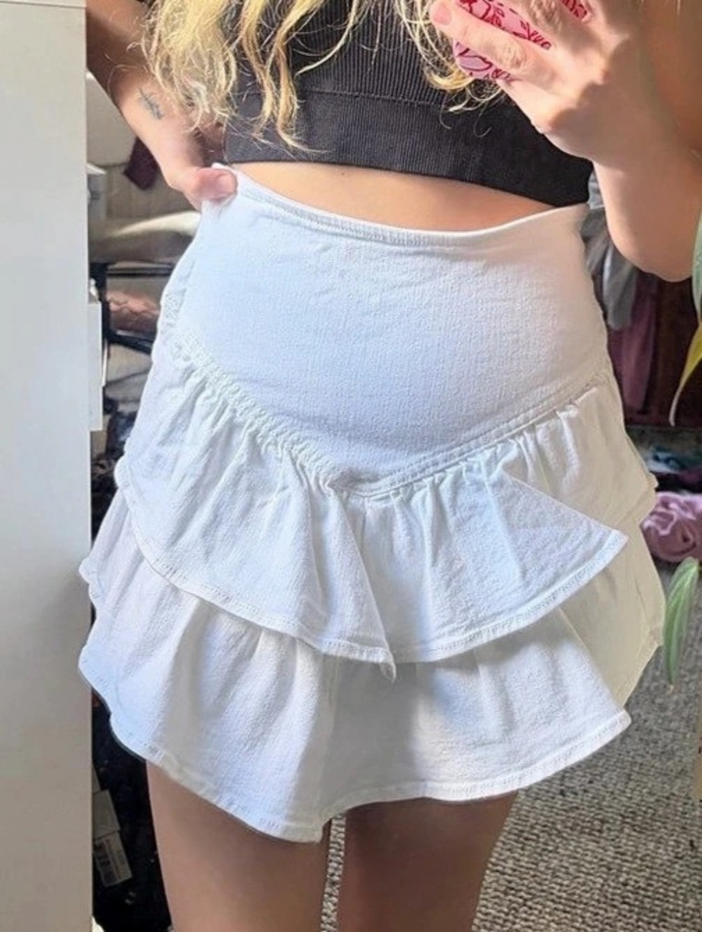 WeWoreWhat Smocked Ruffle Mini Skirt White